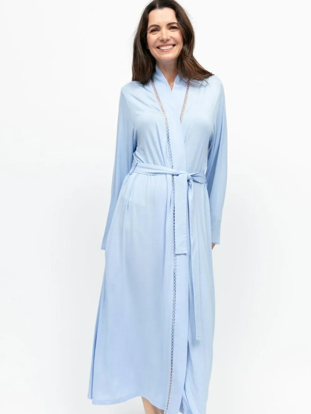 Clearance Nora Rose Blue Jersey Lace Insert Long Sleeve Dressing Gown