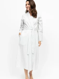 Nora Rose Grey Seersucker Stripe Lace Trim Long Sleeve Long Dressing Gown^Women Bathrobes