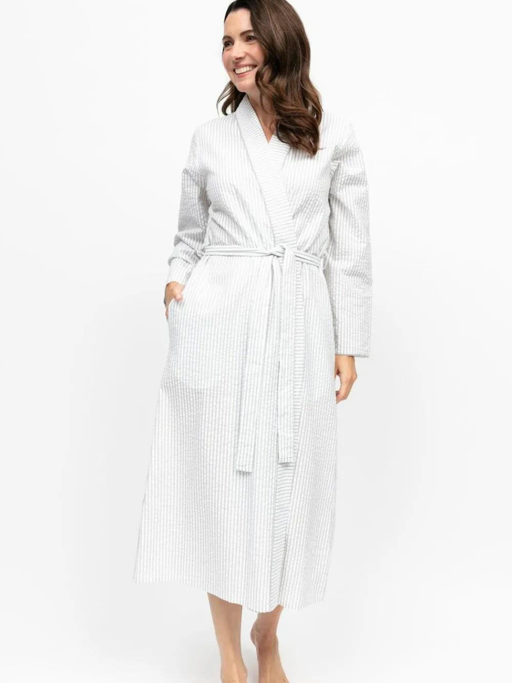 Nora Rose Grey Seersucker Stripe Lace Trim Long Sleeve Long Dressing Gown^Women Bathrobes