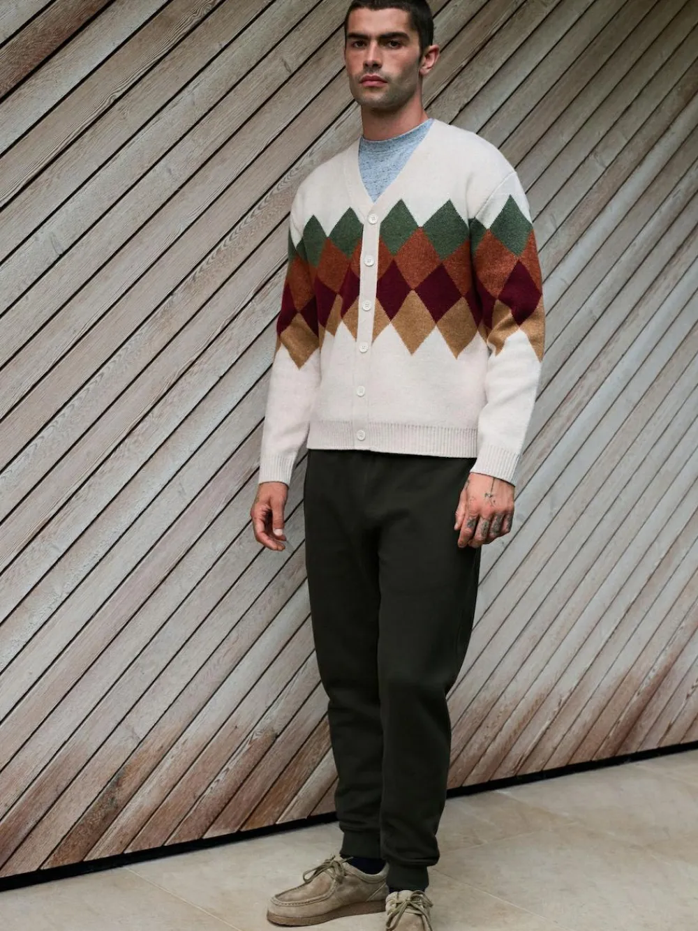 Next Oatmeal Multi Relaxed Fit Argyle Cardigan with Wool^ Knitwear|Knitwear
