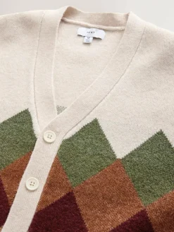 Next Oatmeal Multi Relaxed Fit Argyle Cardigan with Wool^ Knitwear|Knitwear