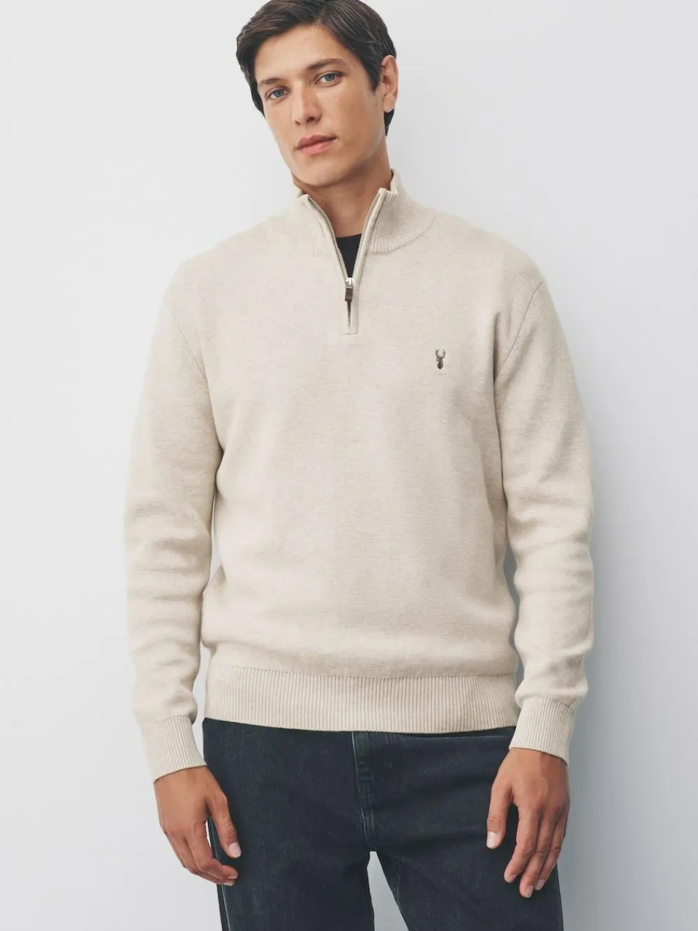 Next Stag Logo N.Premium Regular Fit 100% Cotton Premium Quarter Zip Jumper^ Knitwear|Knitwear