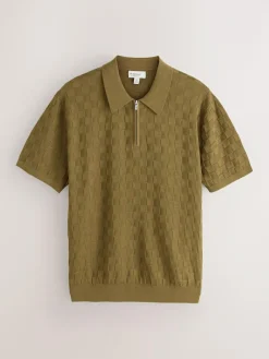 Next N.Premium Regular Fit Checkerboard Knitted Short Sleeve Zip Neck Polo Shirt^ Knitwear|Knitwear