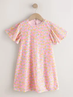 Best Next Angel Sleeve Sequin Party Dress (3-16yrs) Pastel Pink