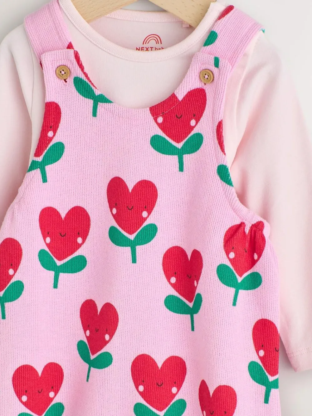 Next Pink Baby Dungarees and Long Sleeve Bodysuits Set 2 Piece (0mths-3yrs)^ Rompers & Overalls|Sets & Coords