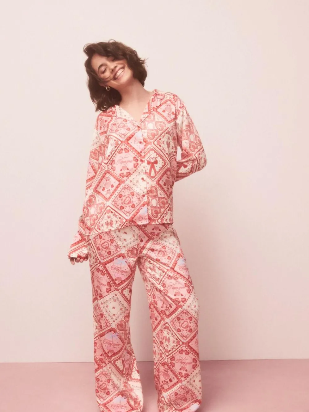 Next Pink Bows Satin Button Through Pyjamas^Women Nightwear|Pyjamas