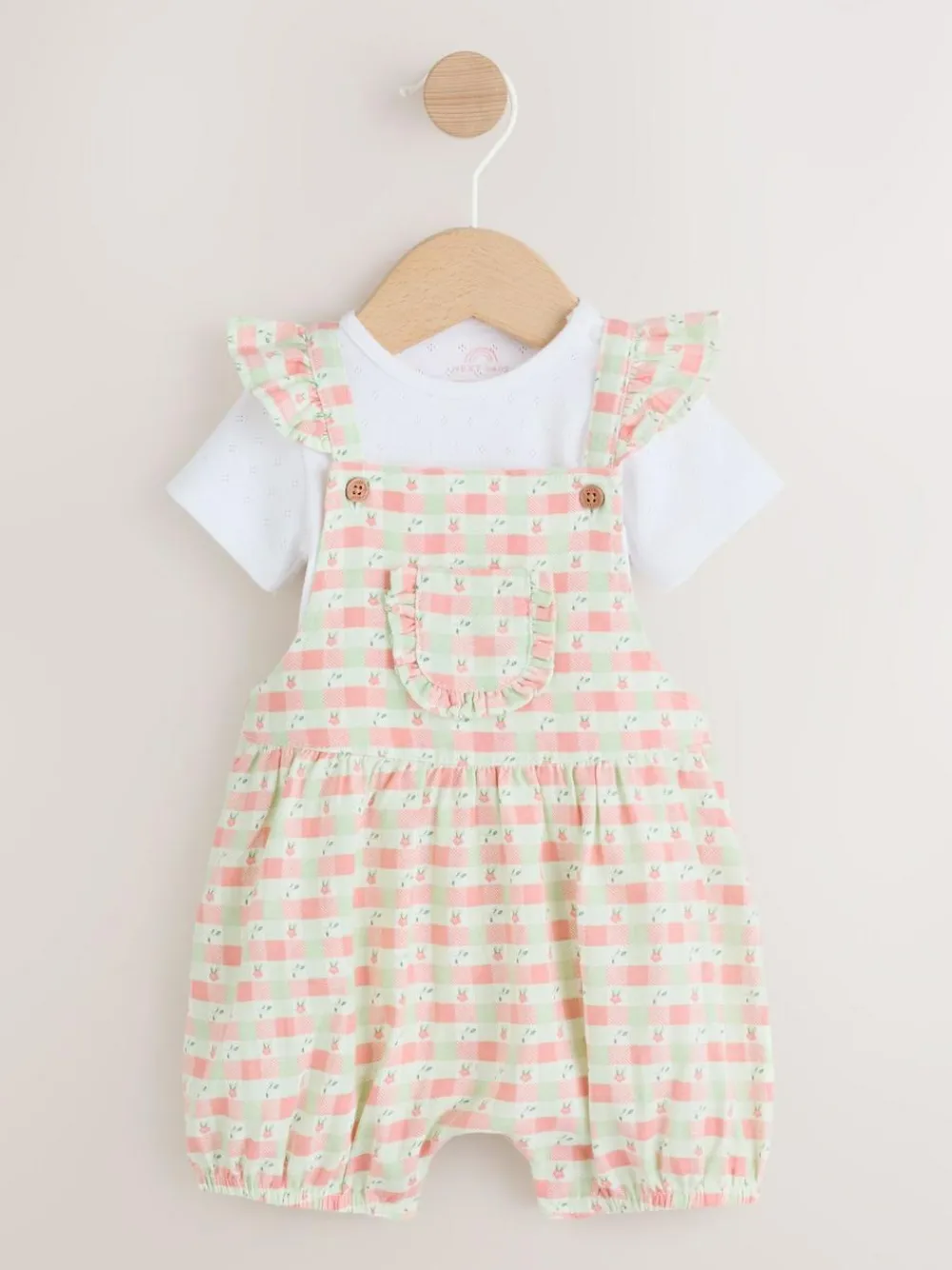 Next Pink Check Baby Dungarees and Bodysuits Set 2 Piece (0mths-2yrs)^ Rompers & Overalls