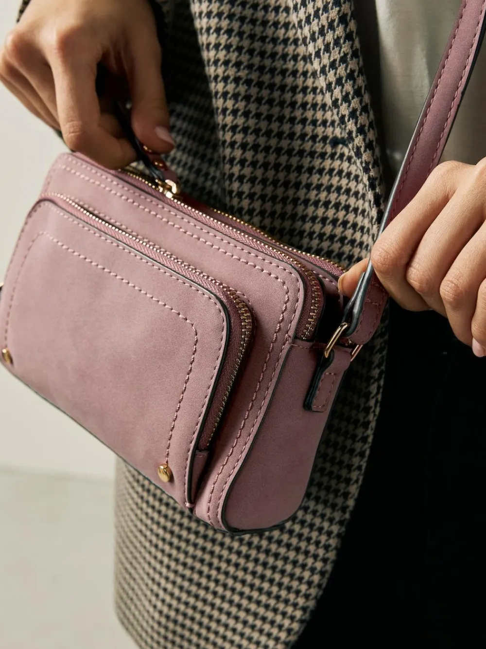 Next Double Zip Cross-Body Faux Suede Bag^Women Bags