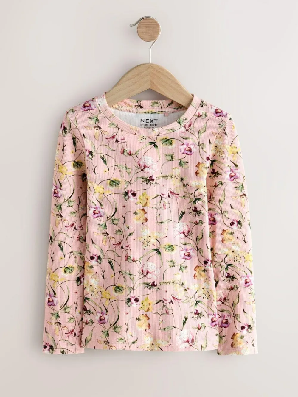 Next Pink Floral Print Long Sleeve Ribbed T-Shirts 4 Pack (3-16yrs)^ Nightwear|Tops