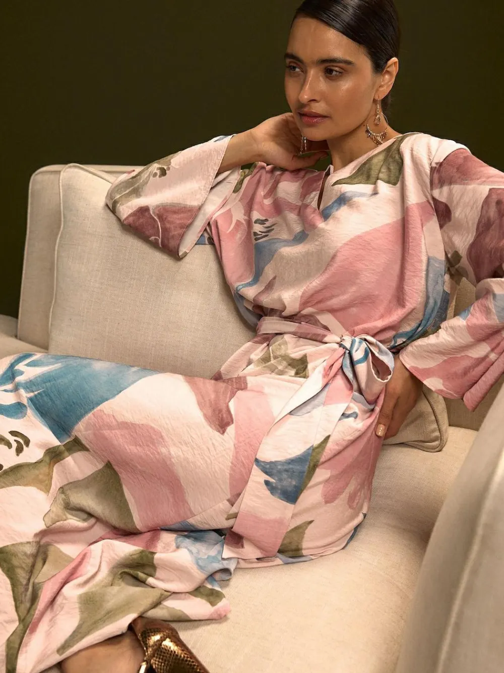 Next V-Neck 3/4 Length Sleeve Maxi Kaftan Dress^Women Occasion Dresses|Maxi Dresses