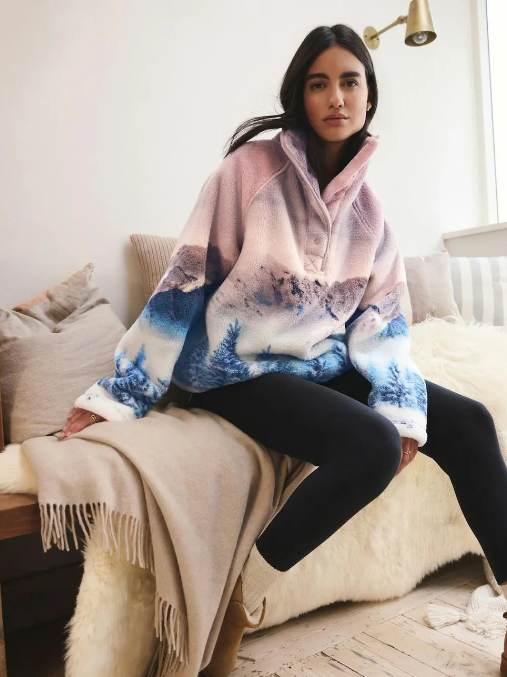 Clearance Next Printed Borg Fleece Top Pink Mountain Scene