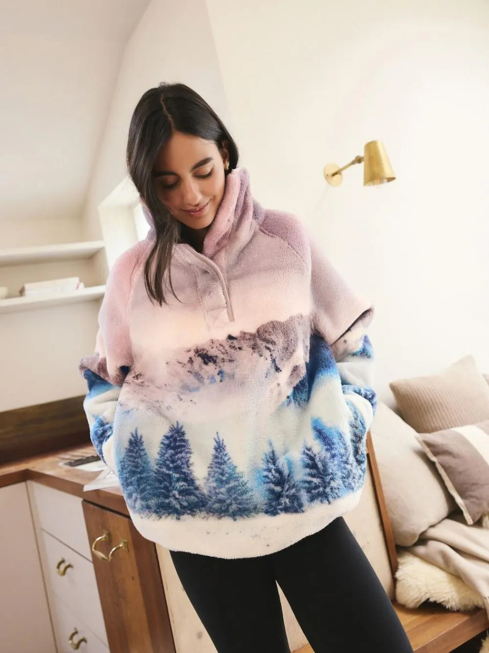 Clearance Next Printed Borg Fleece Top Pink Mountain Scene