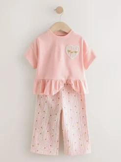 Next Pink Short Sleeve Peplum T-Shirt and Wide Leg Trousers Set (3mths-7yrs)^ Newborn Clothing|Baby Girls