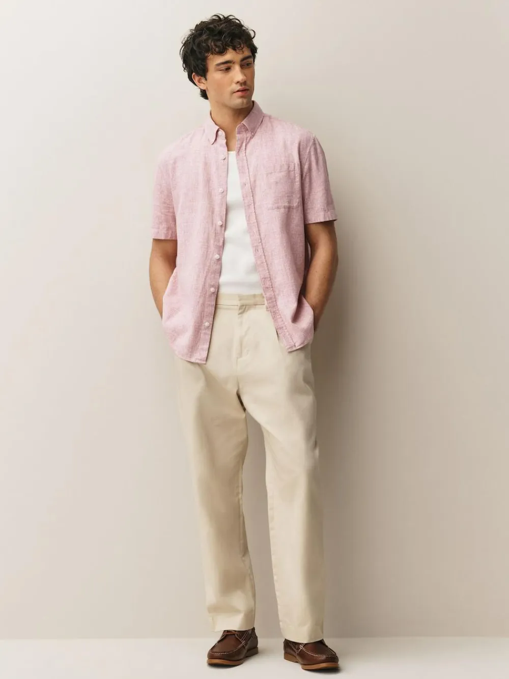 Hot Next Standard Collar Cotton Linen Blend Short Sleeve Shirt Pink