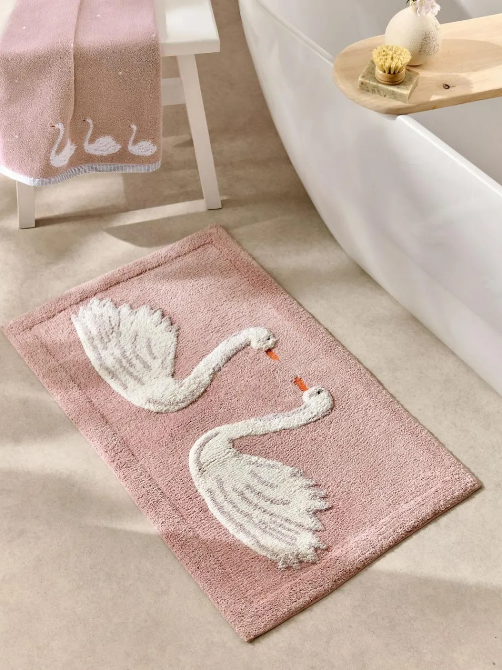 Next Pink Swan Print 100% Cotton Bath Mat^ Towels & Bathmats