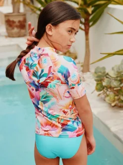 Next Pink Tropical Short Sleeve Sunsafe Rash Vest And Pant Swim Set (3-16yrs)^ Swimwear