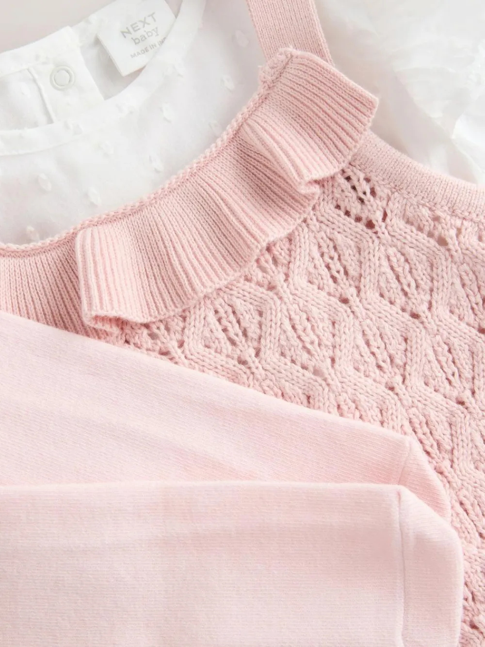 Best Next Pink/ White Baby Romper and Knitted Dungarees with Tights 3 Piece Set (0mths-2yrs)
