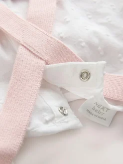 Best Next Pink/ White Baby Romper and Knitted Dungarees with Tights 3 Piece Set (0mths-2yrs)