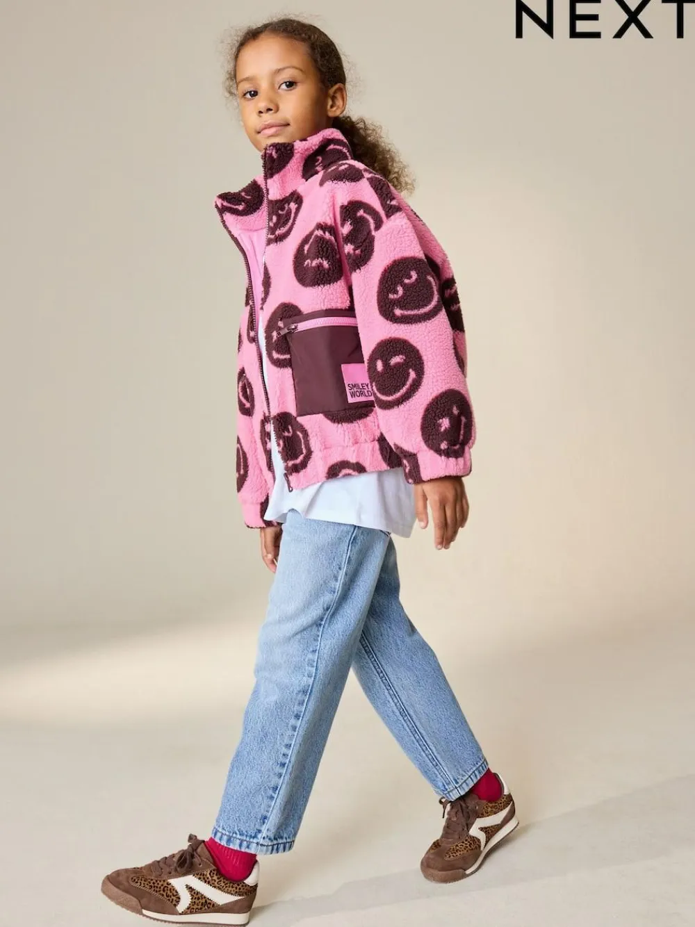 Online Next Zip Up Borg Jacket (3-16yrs) Pink/Berry Smiley