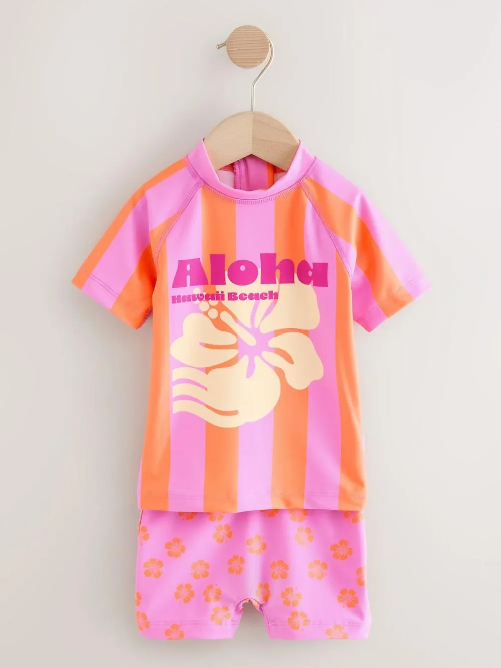 Clearance Next Short Sleeved Sunsafe Swim Set (3mths-10yrs) Pink/Orange Stripe Hibiscus