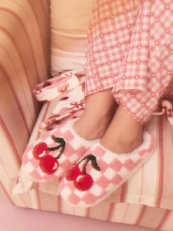 Next Pink/Red Check Cherry Mule Slippers^Women All Night & Lounge