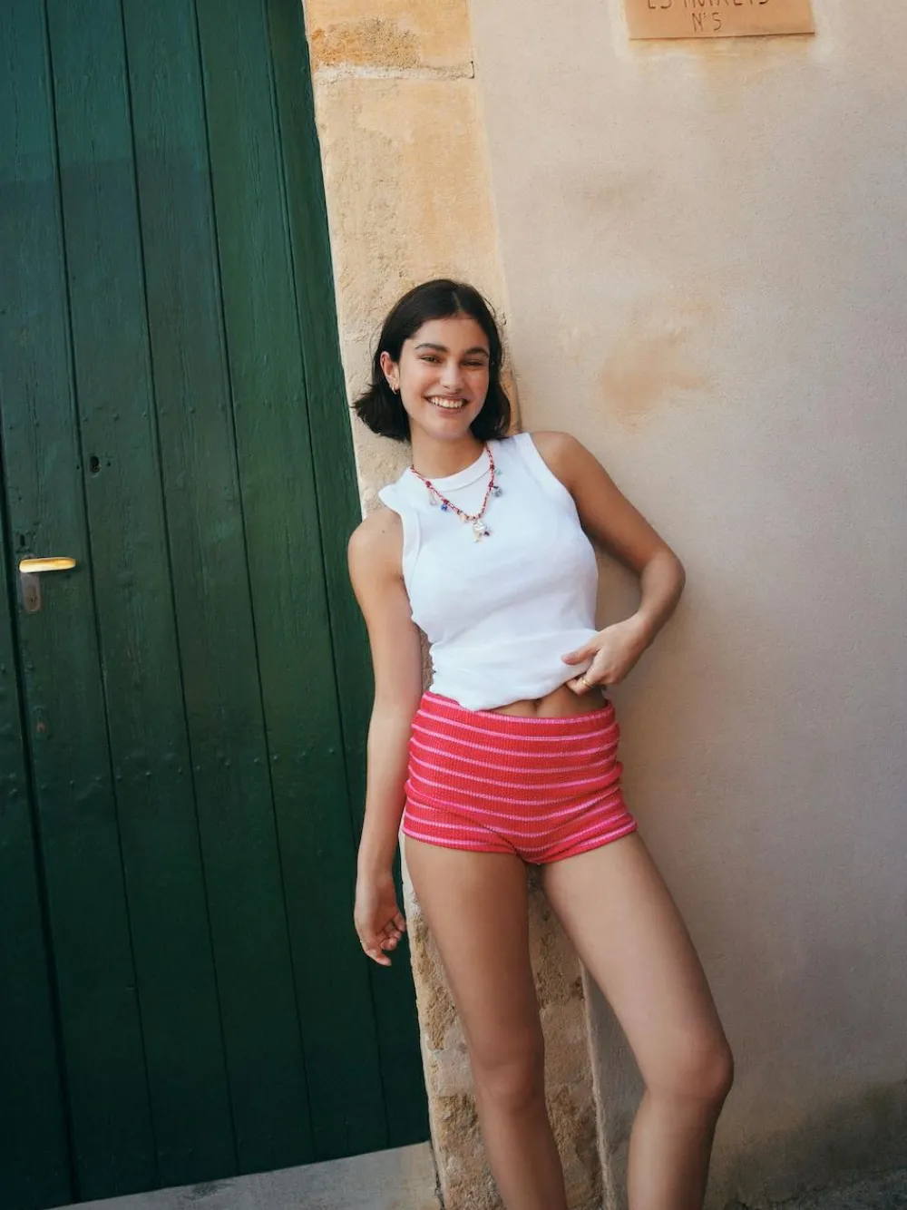 Discount Next Pink/Red Stripe Crinkle Swim Shorts Bikini Bottoms