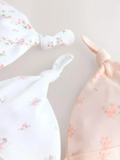 Next Pink/White Tie Top Baby Beanies 3 Pack (0-12mths)^ Hats & Scratch Mitts|Newborn Accessories