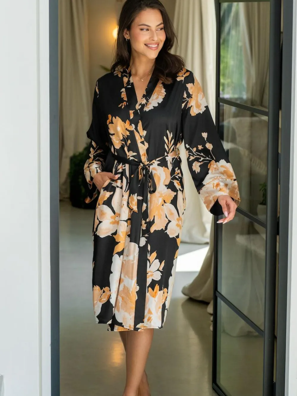 Sale Pour Moi Black Dusk Printed Satin Midi Dressing Gown
