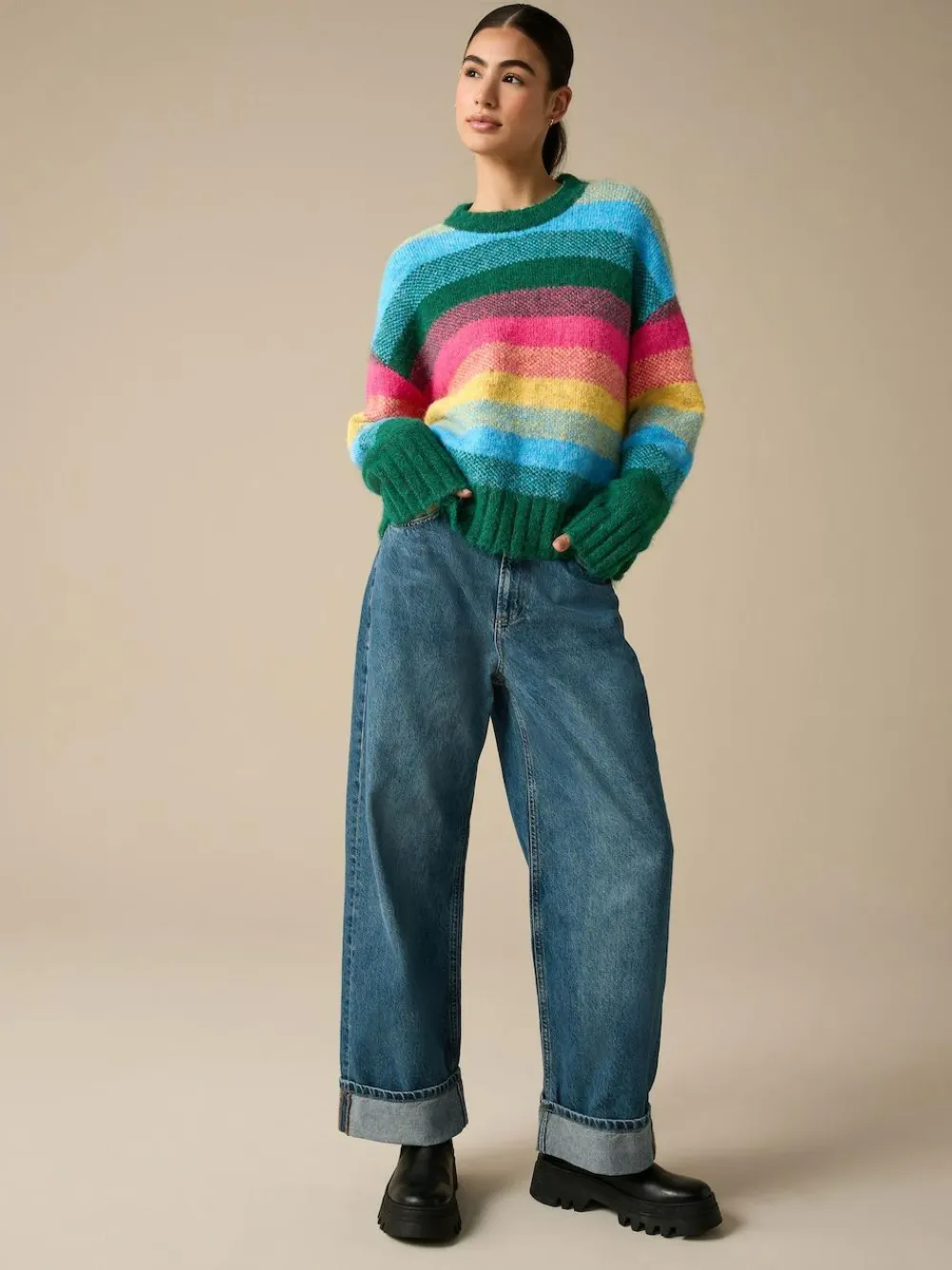 New Next Crew Neck Jumper With Wool Rainbow Stripe