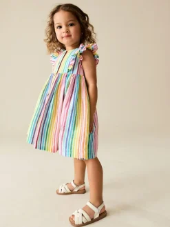 Next Rainbow Stripe Double Ruffle Sleeve Dress (3mths-8yrs)^ Baby Girls|Dresses