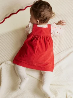 Online Next Red Bow Baby Cord Pinafore Long Sleeve Bodysuit & Tights Set (0mths-2yrs)