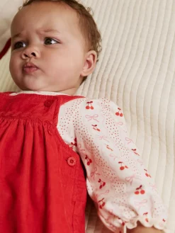 Online Next Red Bow Baby Cord Pinafore Long Sleeve Bodysuit & Tights Set (0mths-2yrs)