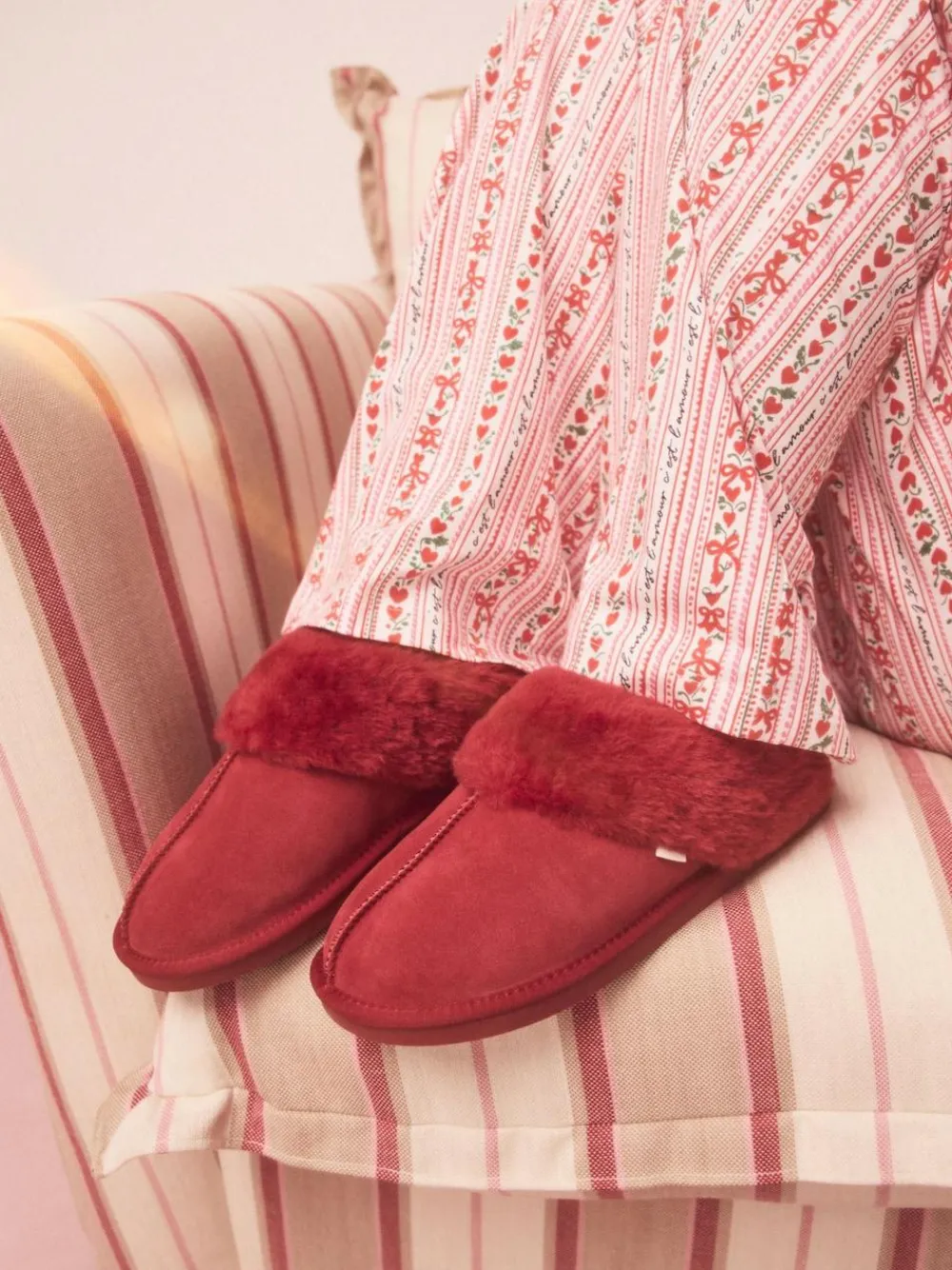 Next Red Faux Fur Lined Suede Mule Slippers^Women All Night & Lounge|Slippers