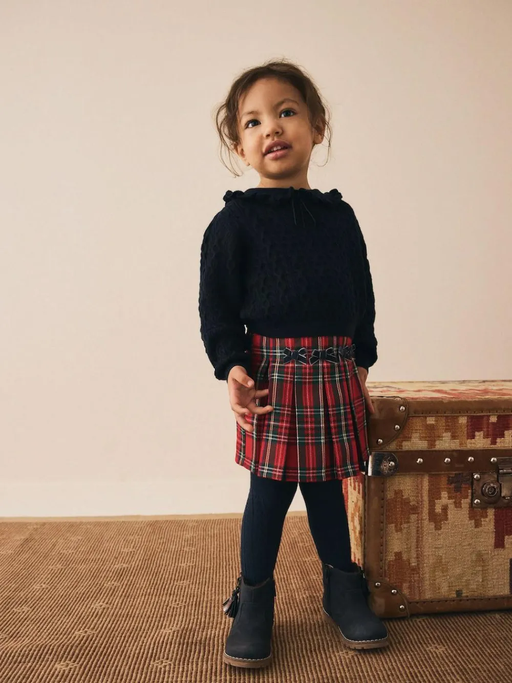 Next Red Tartan Bow Skirt with Navy Tights (3mths-7yrs)^ Shorts & Skirts