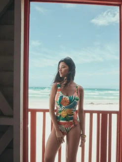 Hot Next Red/Green Tropical Dd+ Wired Scoop Neck Tummy Control Swimsuit