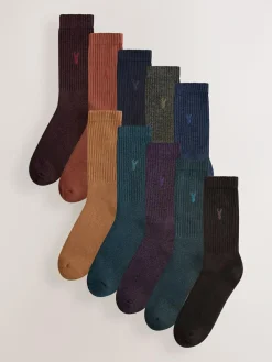 Outlet Next Stag Embroidered Heavyweight Socks 10 Pack Red/Orange/Blue
