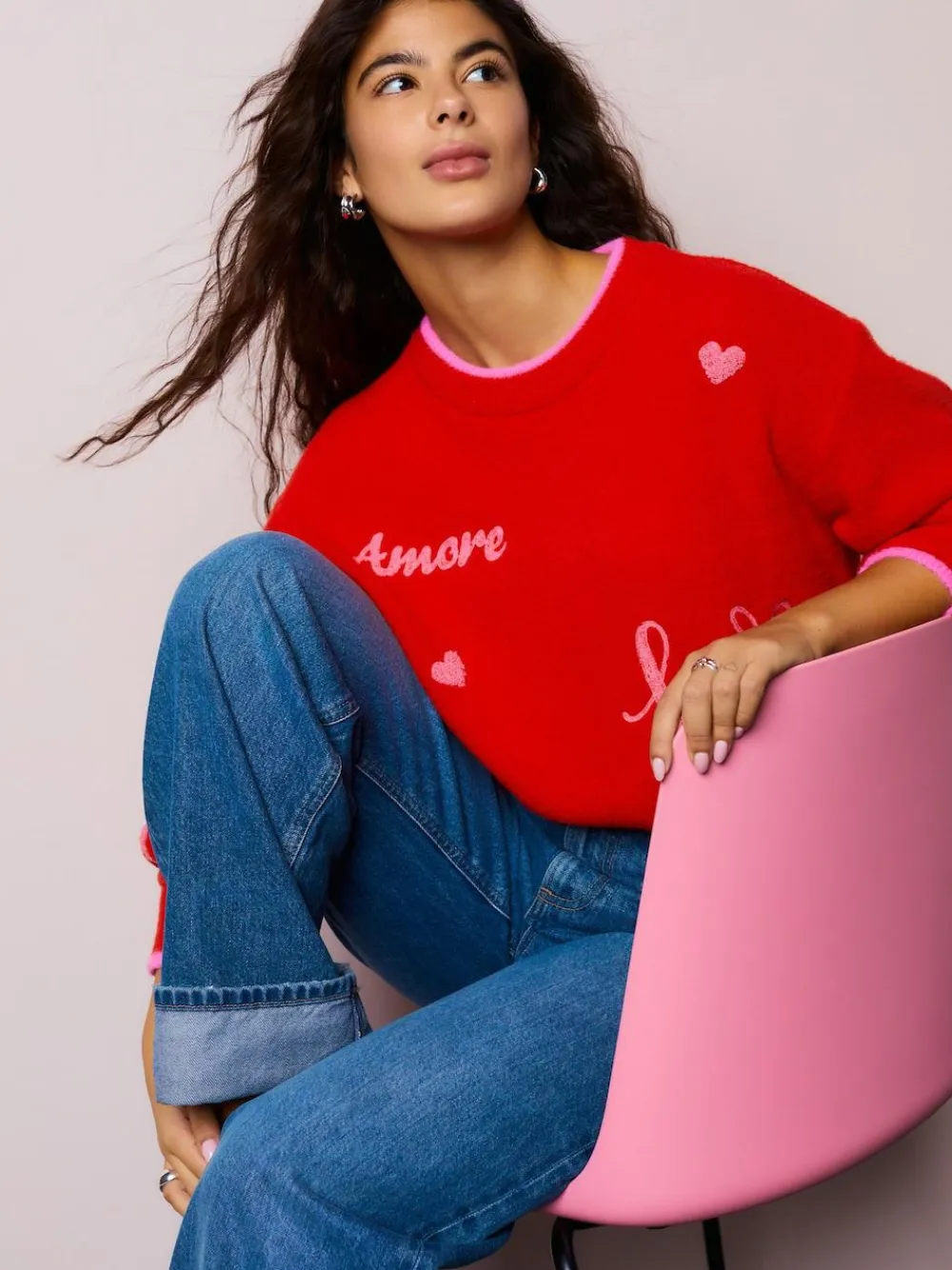 Next Red/Pink Cosy Embroidered Valentines Jumper^Women Hoodies & Sweatshirts