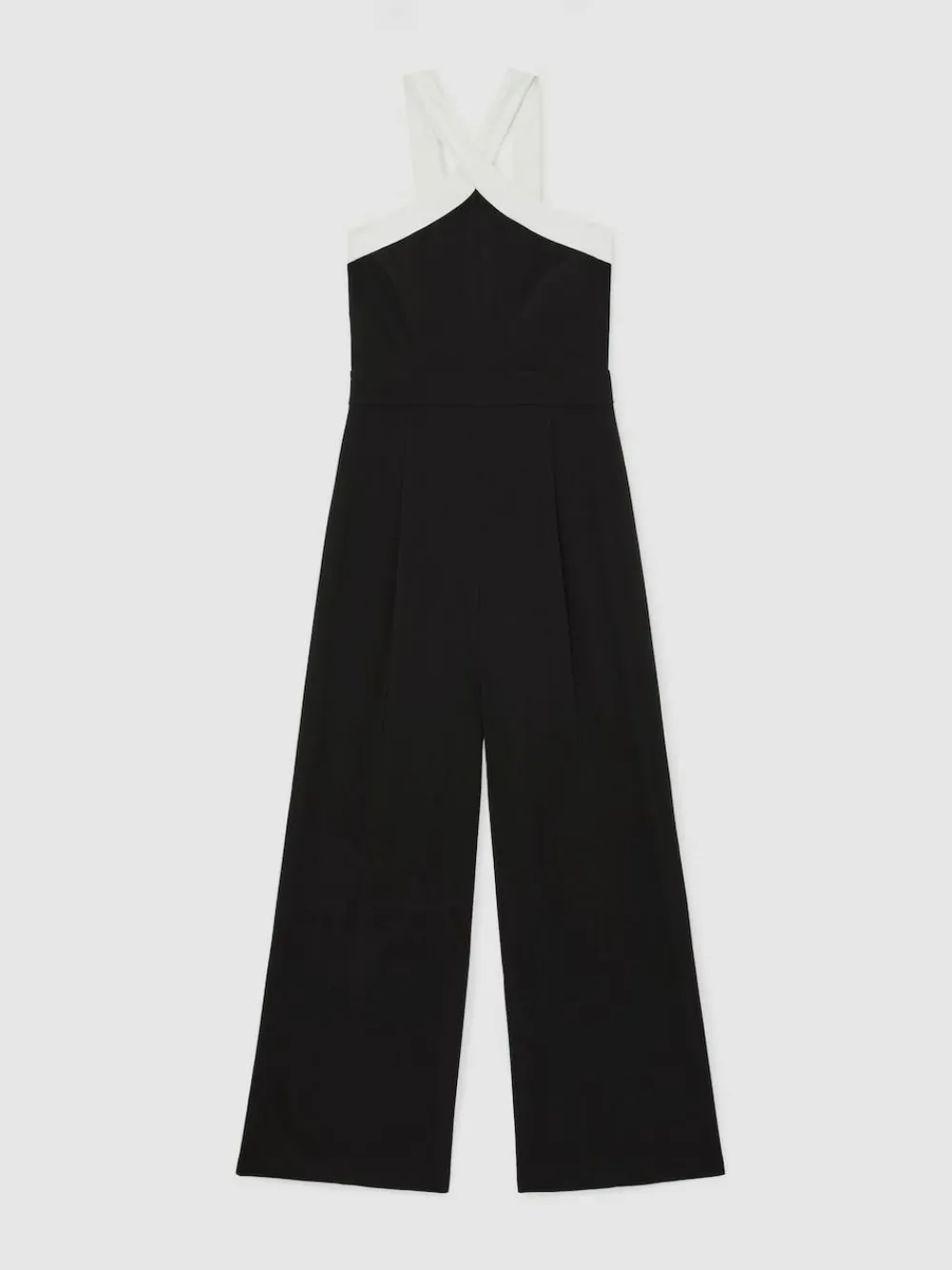 New Reiss Black/Cream Cliona Colour-Block Halter Wide-Leg Jumpsuit