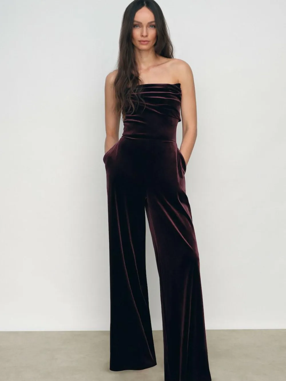 Reiss Burgundy Andria Velvet Drape Strapless Jumpsuit^Women Jumpsuits & Playsuits