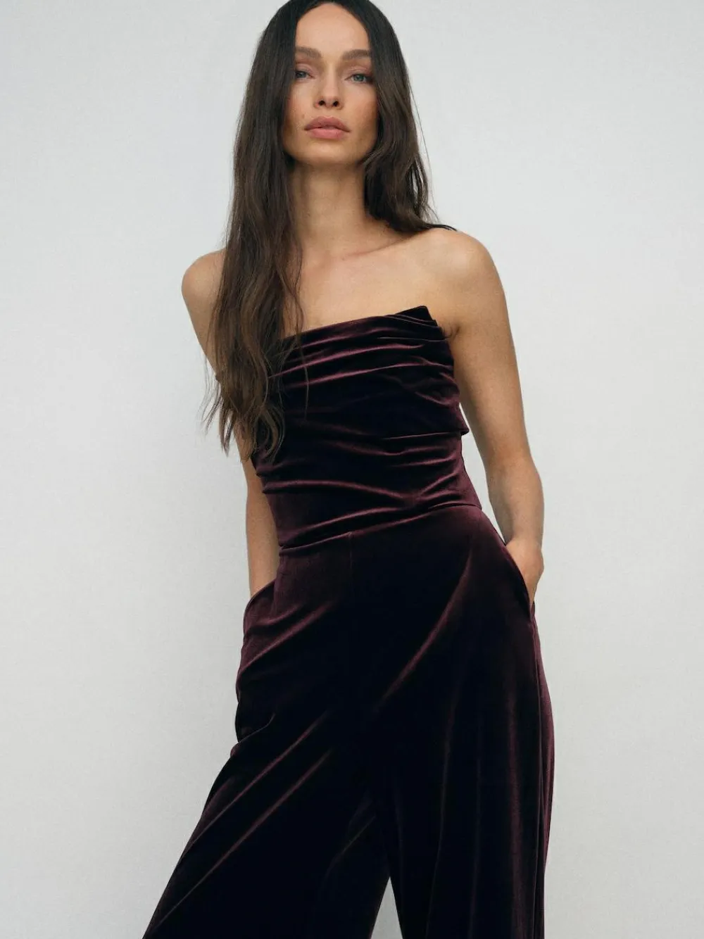 Reiss Burgundy Andria Velvet Drape Strapless Jumpsuit^Women Jumpsuits & Playsuits