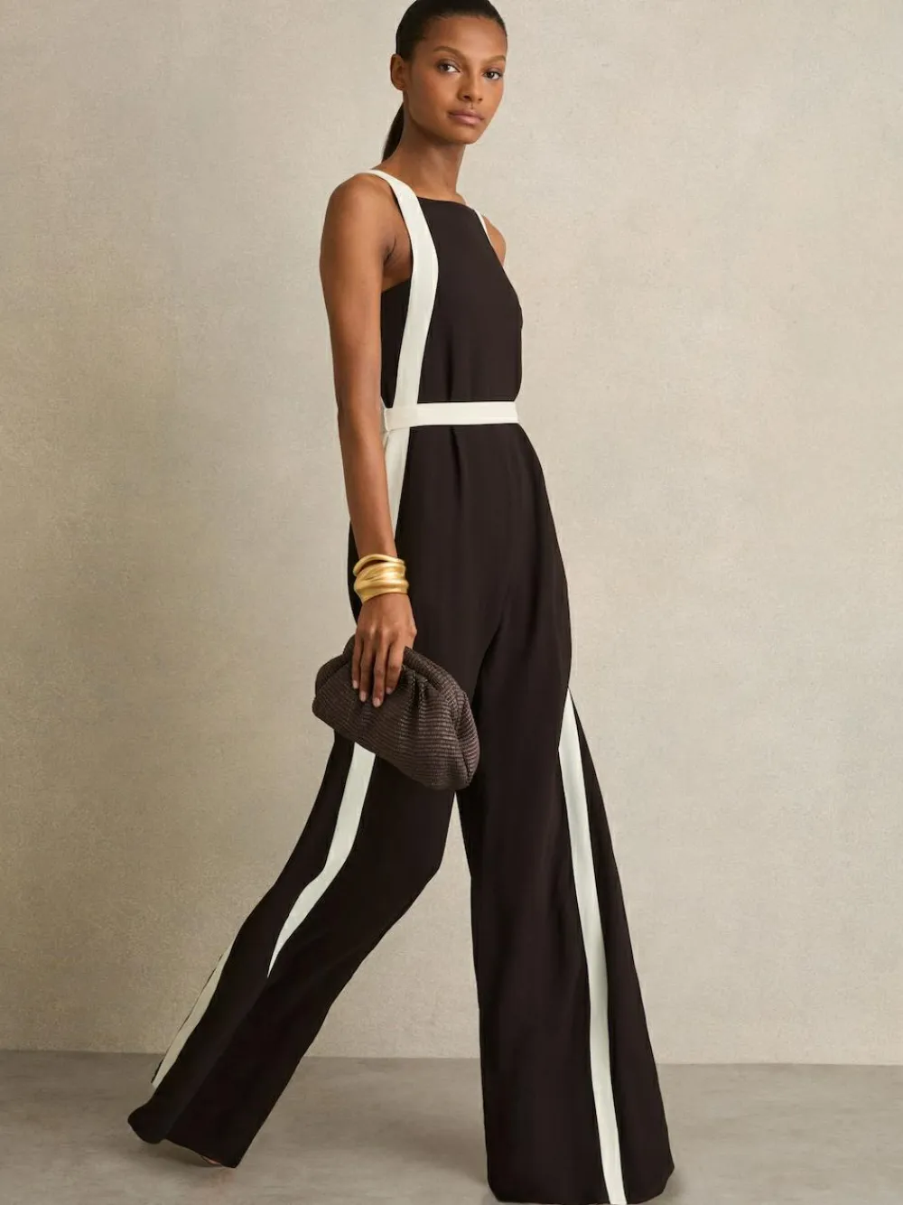 Outlet Reiss Salma Colourblock Wide Leg Belted Jumpsuit Chocolate/Cream