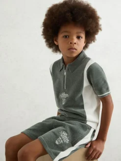 Reiss Dark Sage Green/White Trenton 3-9 yrs Chenille Tipped Motor Cars Shorts