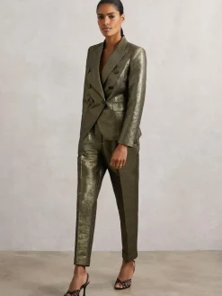 Clearance Reiss Sienna Petite Double-Breasted Metallic Suit Blazer with Cotton Gold