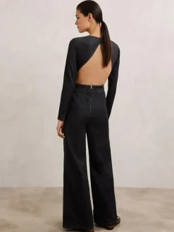 New Reiss Indigo Blue Sanata Wide-Leg Open-Back Denim Jumpsuit