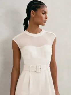 Reiss Ivory Alba Petite Sheer-Panel Wide-Leg Belted Jumpsuit^Women Jumpsuits & Playsuits