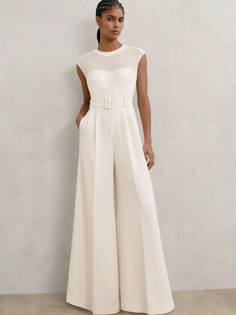 Reiss Ivory Alba Petite Sheer-Panel Wide-Leg Belted Jumpsuit^Women Jumpsuits & Playsuits