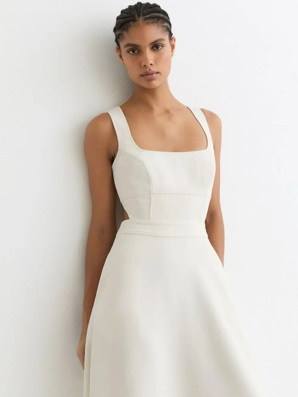 Discount Reiss Dina Waisted Cut-Out Twill Midi Dress Ivory