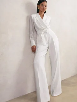 Reiss Ivory Flora Sheer-Sleeve Wide-Leg Tuxedo Jumpsuit^Women Jumpsuits & Playsuits