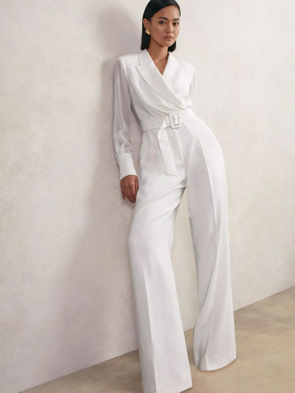 Reiss Ivory Flora Sheer-Sleeve Wide-Leg Tuxedo Jumpsuit^Women Jumpsuits & Playsuits