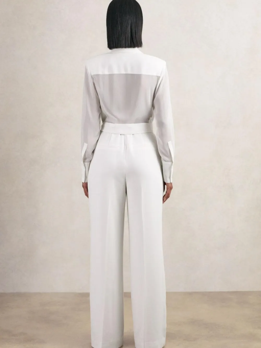 Reiss Ivory Flora Sheer-Sleeve Wide-Leg Tuxedo Jumpsuit^Women Jumpsuits & Playsuits